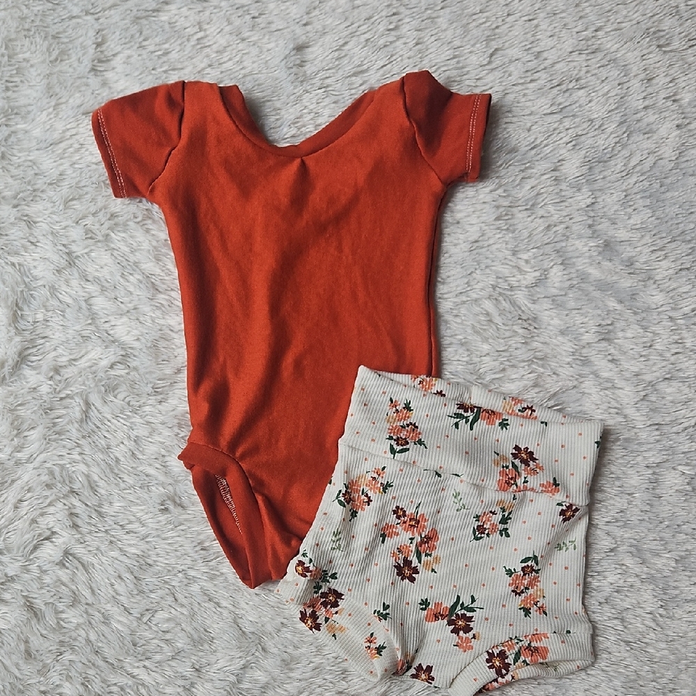 Handmade Orange Baby Bodysuit and Floral Shorts Set